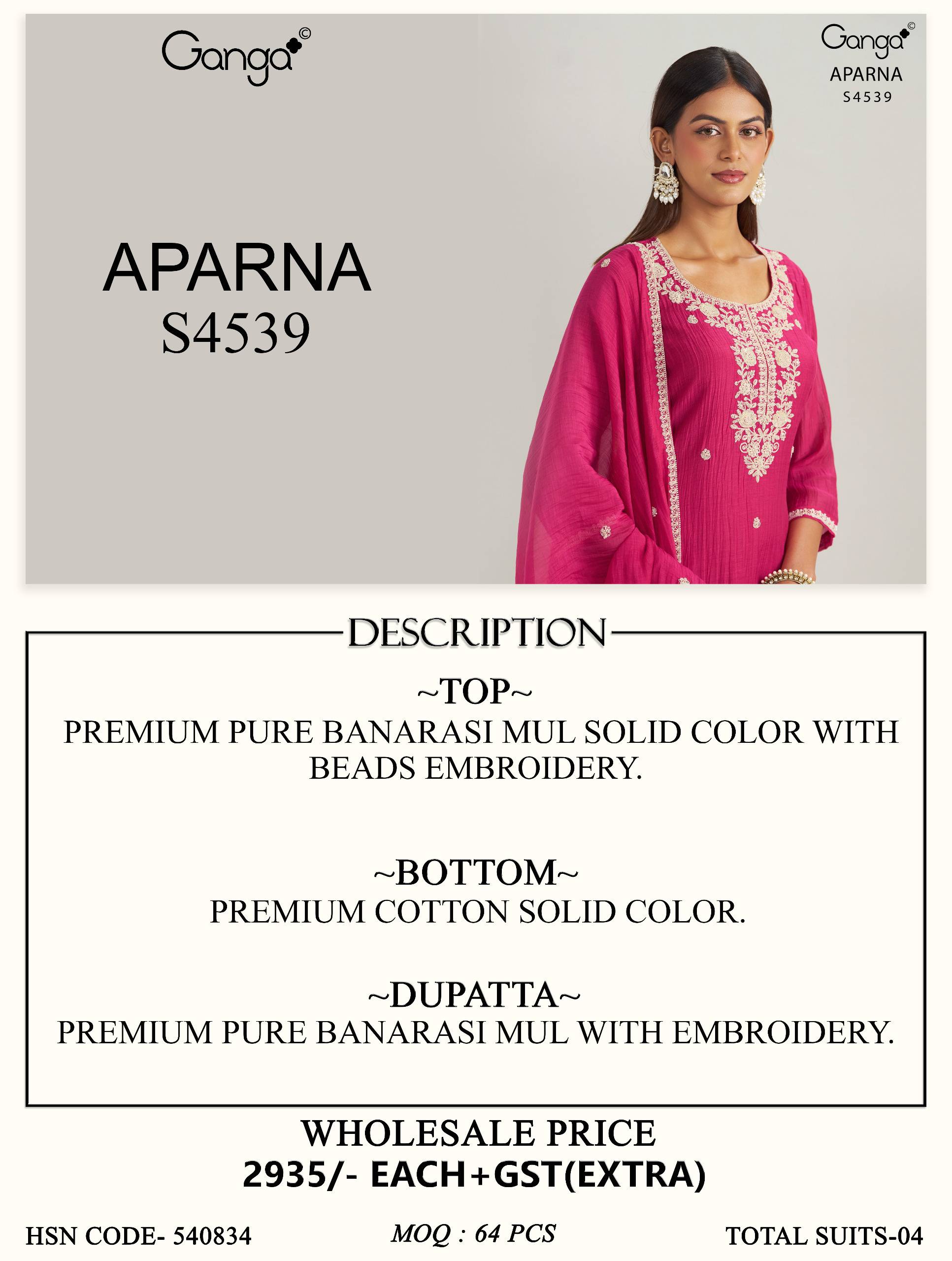 APARNA 4539 Series By GANGA FASHION Stylish Beautiful Colourful PURE BANARASI MUL Dresses At Wholesale Price